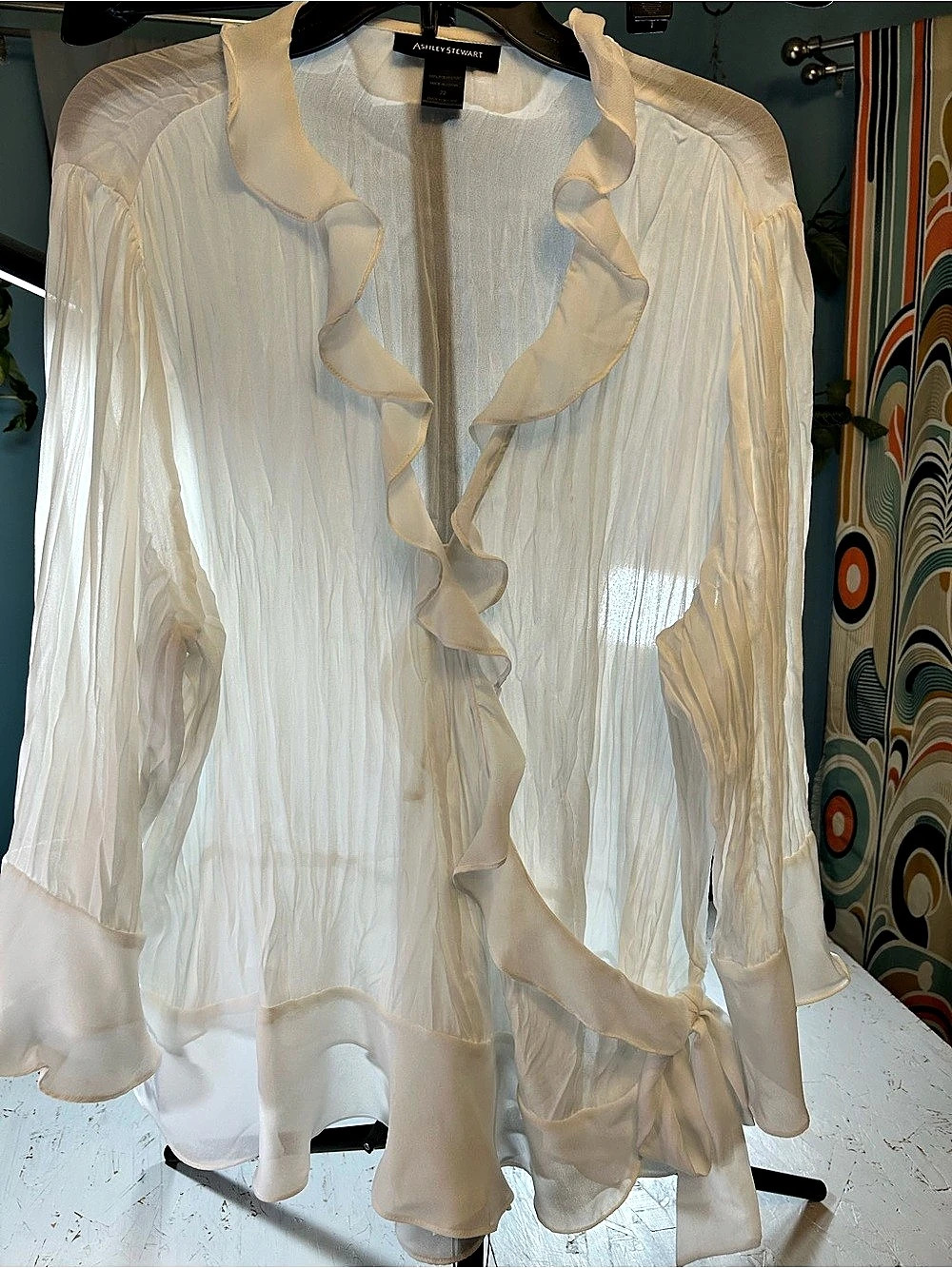 Ashley Stewart Ruffle Sheer Blouse in Cream Size XXL Like New